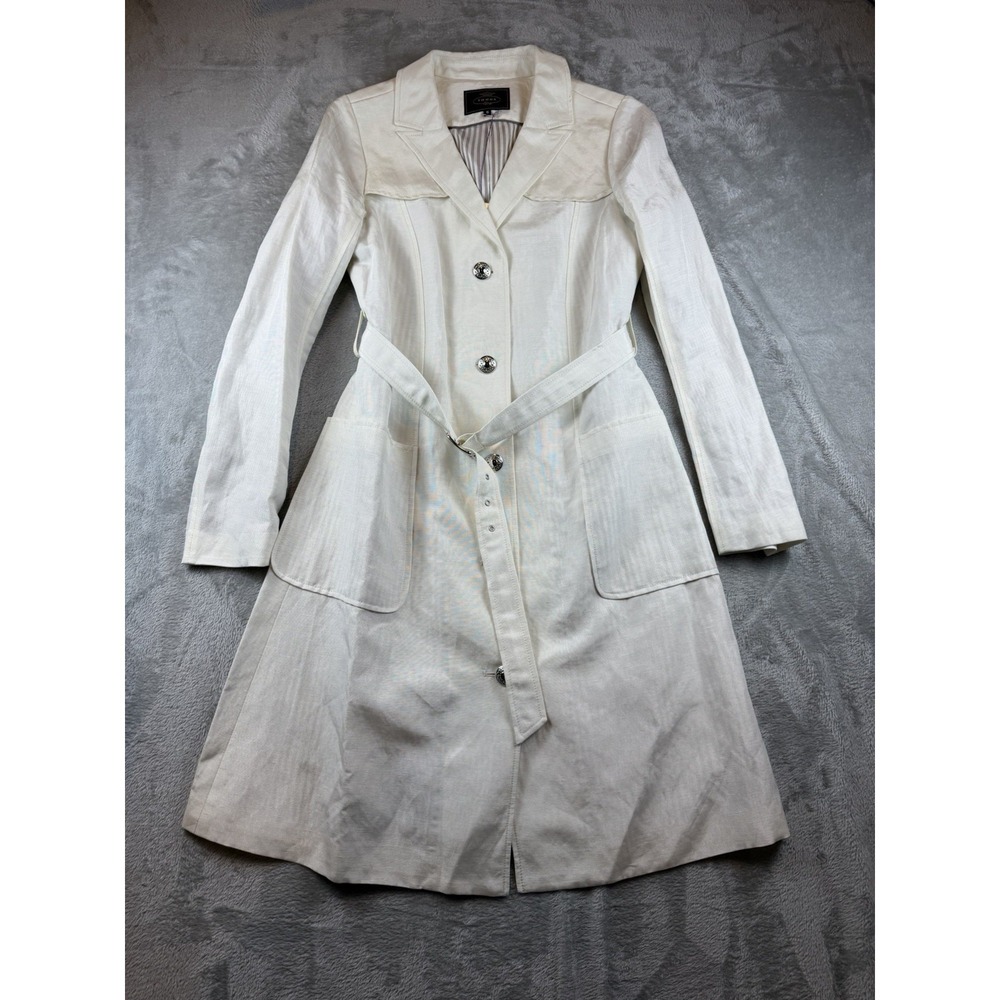 TOCCA Women's Trench Coat Size 6 Linen Ivory Belted Button Front Lined